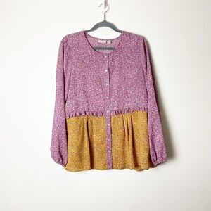 LOGO LORI GOLDSTEIN • Women’s Two Tone Button Front Blouse With Ruffles Size S